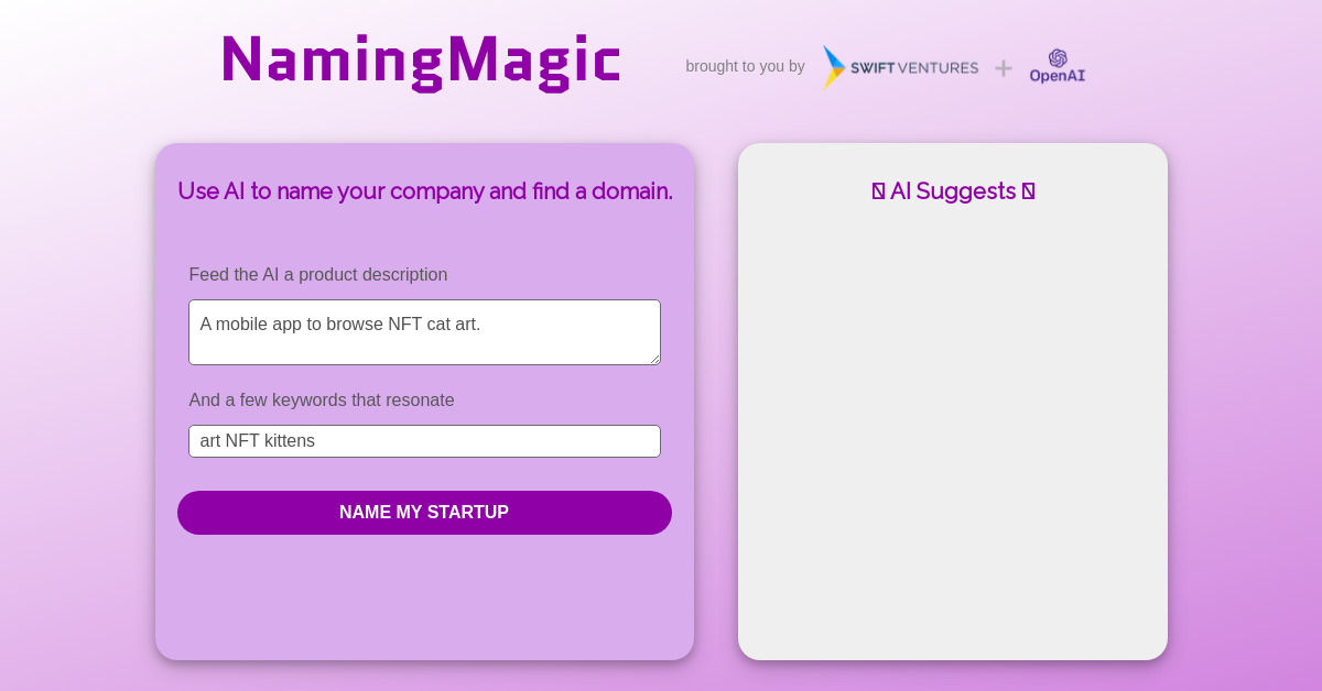 Naming Magic - AI Startup tool
